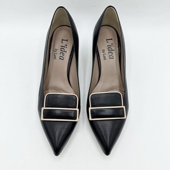 L’idea by Lori Black Pointed Pumps Taupe Trimmed Leather Rectangle Embellishment - Picture 7 of 13